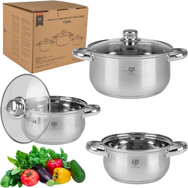 Набір каструль Karl Hausmann з нержавіючої сталі (індукційні) 3 шт. - для всіх типів плит - з кришкою з термостійкого скла - з мірною шкалою