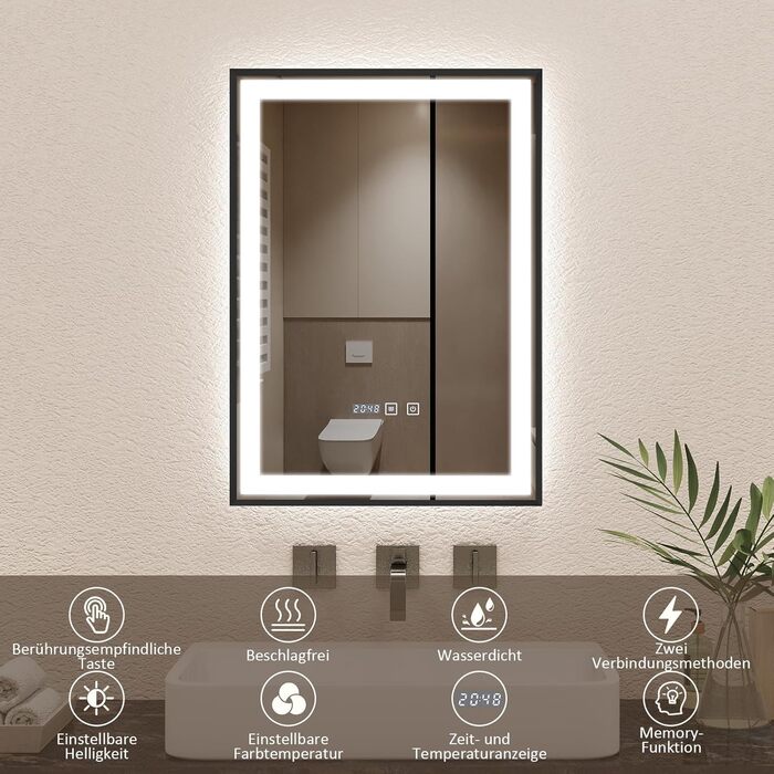 Дзеркало для ванної кімнати YOURLITE з підсвіткою, 85x55 см, LED, сенсорне керування, 3 кольори світла, регулювання яскравості, протизапобігання запотіванню, вертикальна/горизонтальна орієнтація, IP44, білий (чорний-5070)