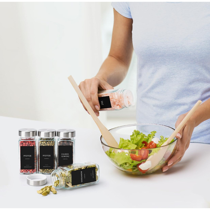 Набір скляних банок для спецій з дозатором [24 x 120 мл] з 303 етикетками | Набір банок для спецій з бамбуковими кришками, 24 шт., чорний колір