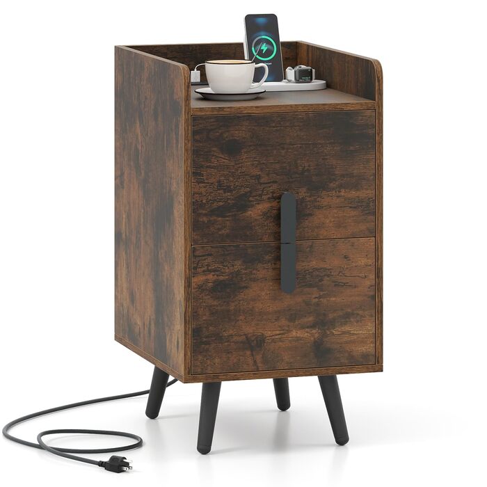 Нічний столик COSTWAY з зарядкою, вузький, 2 шухляди, металеві ніжки, для спальні/вітальні, 40 x 32 x 60 см, рустикальний коричневий