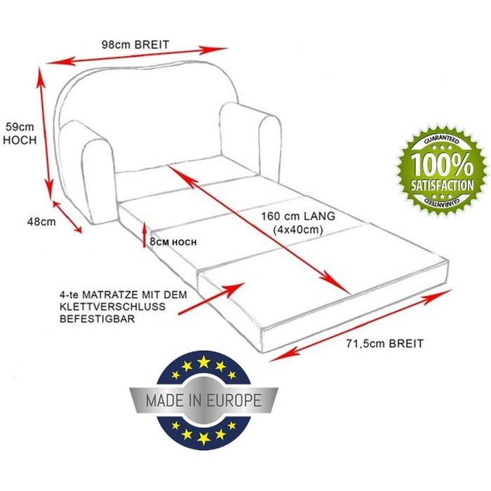 Дитяче ліжко-диван Cosmo Kindersofa 3в1 з пуфом та подушками, сірий, 168 x 98 x 59 см