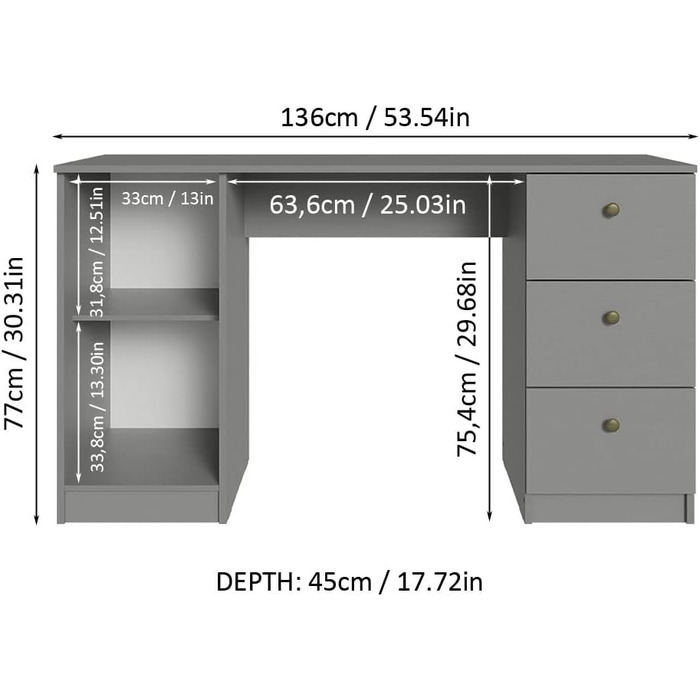 Письмовий стіл Madesa Modern, комп'ютерний стіл з 3 шухлядами та 1 дверцятами, 136 x 45 x 77 см, дерев'яний - сірий