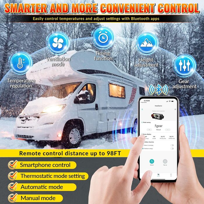 Дизельний обігрівач Diesel Air Heater 8 кВт з дистанційним керуванням та LCD дисплеєм 12/24/110-240 В, Bluetooth, для автодому, автомобіля, причепа