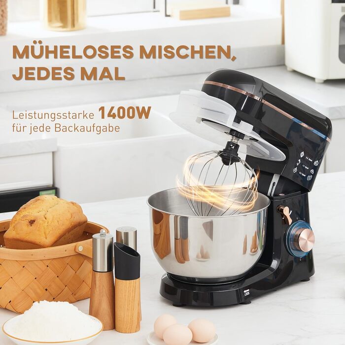 Кухонна машина HOMCOM 1400W з чашею 5.5л з нержавіючої сталі, 6 швидкостей, міксер для тіста, з набором насадок