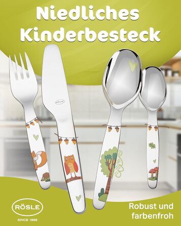 Дитячий набір столових приборів RÖSLE 'Waldfreunde' (4 шт.) з нержавіючої сталі 18/10, для дітей від 3 років, придатний для миття в посудомийній машині, чудовий подарунок на хрещення для хлопчиків та дівчаток