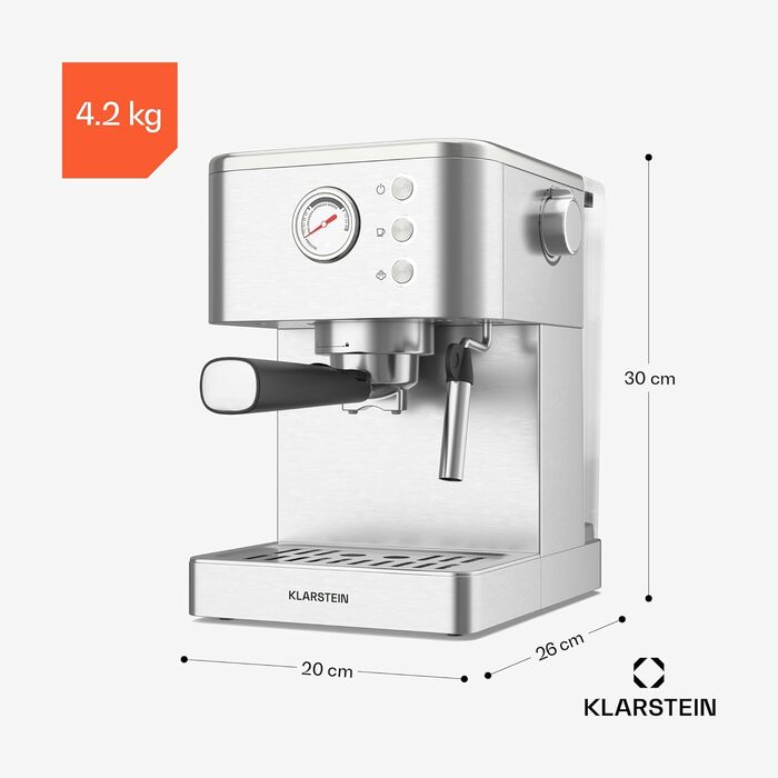 Klarstein SteelPresso Touch – кавомашина еспресо, 1350 Вт, нержавіюча сталь, 1,5 л, сенсорне управління, вбудований капучинатор, компактний дизайн