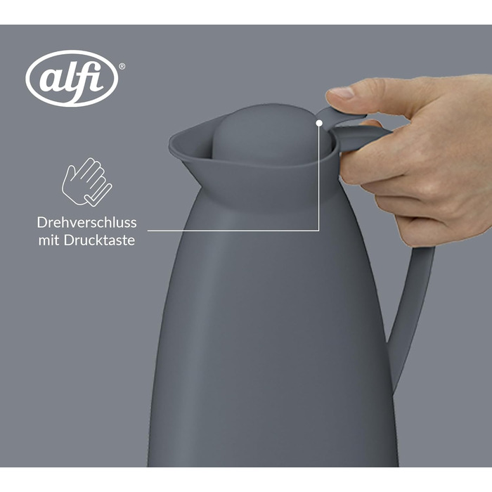 Термос Alfi ECO 1.0л, темно-сірий, з термоізоляційним скляним вкладишем, з кришкою-поворотом та зручною кнопкою, для однієї руки, ідеальний для кави та чаю, без BPA