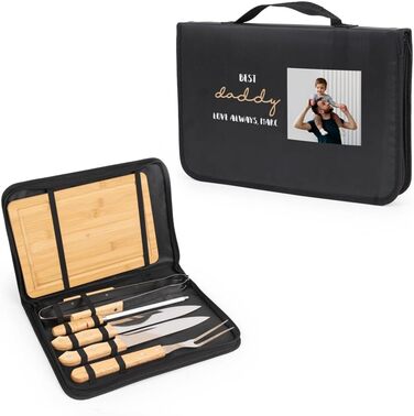 Wanapix Персоналізований набір для барбекю | 6 аксесуарів (2 ножі, заточувач, ніж для нарізання, щипці, бамбукова дошка) | Найкращий тато