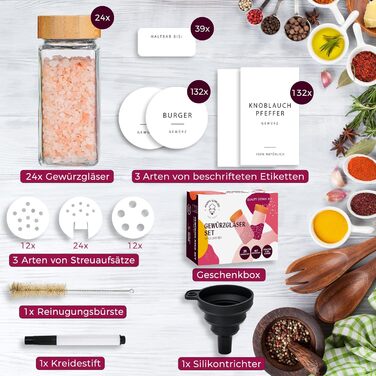 Набір баночок для спецій з дозатором [24 x 120 мл] з етикетками | Баночки для спецій з бамбуковими кришками, органайзер для зберігання, 24 шт.