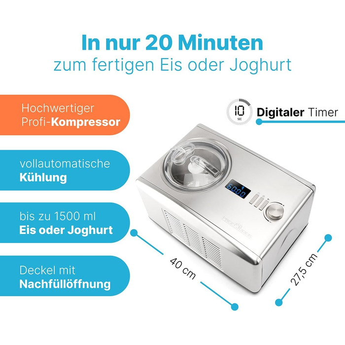 Машина для приготування морозива та йогурту ProfiCook® ICM 1091 N з нержавіючої сталі | Морозиво за 20 хвилин | Об'єм до 1500 мл | З компресором | Для морозива та замороженого йогурту | В комплекті рецепти, шпатель для морозива та мірний стакан | Нова мод