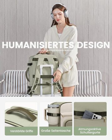 LOVEVOOK Рюкзак ручної поклажі, 40L, для подорожей, дамський, водонепроникний, для ноутбука 17 дюймів, кофр-рюкзак, для роботи, ділових поїздок, Weekender, оливково-зелений, світло-бежевий, оливково-зелений