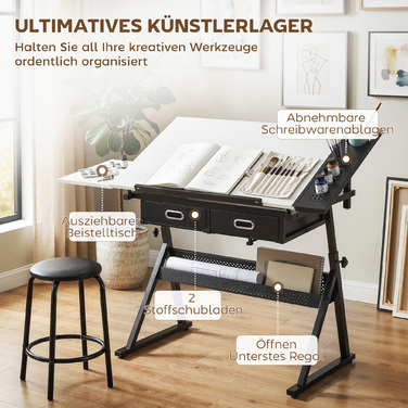 Регульований креслярський стіл з табуретом та шухлядами, білий