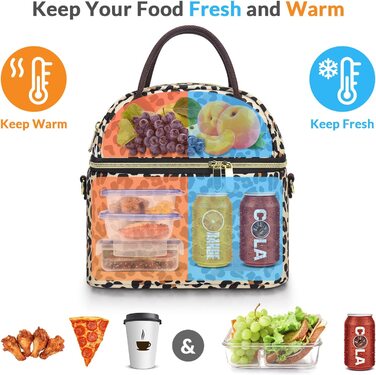 Двошарові ізольовані сумки для ланчу Hafmall, сумка-холодильник об'ємом 9 л для жінок, сумка для ланчу з регульованим плечовим ременем, Термальна сумка для роботи в школі (леопардовий принт)