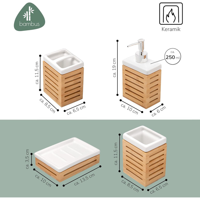 Набір для ванної кімнати Bremermann з 4 предметів, бамбук/кераміка, аксесуари (керамічно-білий)