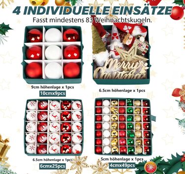 Коробка для зберігання новорічних прикрас, 166 відділень, з регульованими перегородками, кришкою та ручками, 31x31x30 см, червона, принт сніжинки, білий фон