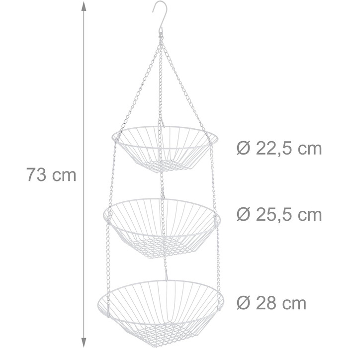 Підвісний кошик для фруктів Relaxdays, 3 яруси, сталь, Ø 28 см, білий (60 символів)