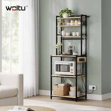 Кухонна полиця WOLTU з 6 ярусами, з розетками, для мікрохвильової печі, з металевим каркасом, регульовані полиці, Чорний+Рустикальне коричневий, 60 x 167 x 40 см (Чорний+світлий дуб, 60 x 39,5 x 167 см)