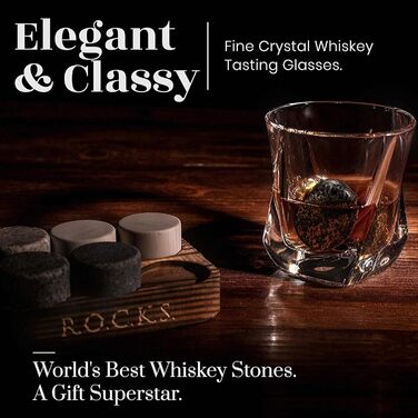 Подарунковий набір Whiskey Stones 6 гранітних каменів преміум-класу, 2 кришталеві келихи, піднос з листяних порід дерева, елегантна подарункова коробка