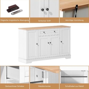 Багатофункціональний буфет-біликовий стіл 138 см з шухлядою, полицями та регульованими полицями – з кріпленням від перекидання, для кухні, вітальні та спальні (Натуральний+білий)