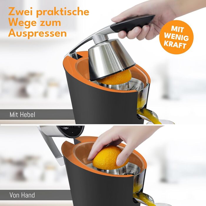 Електрична прес для цитрусових LEBENLANG з нержавіючої сталі, 600W. Включає конус з нержавіючої сталі, не містить BPA. Висока вихідність соку для апельсинів та лимонів. Чорний колір.