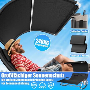 Кесер® Подвійна шезлонг для відпочинку з сонцезахисним дахом, подушкою для голови та кишенею для 2 осіб, чорний