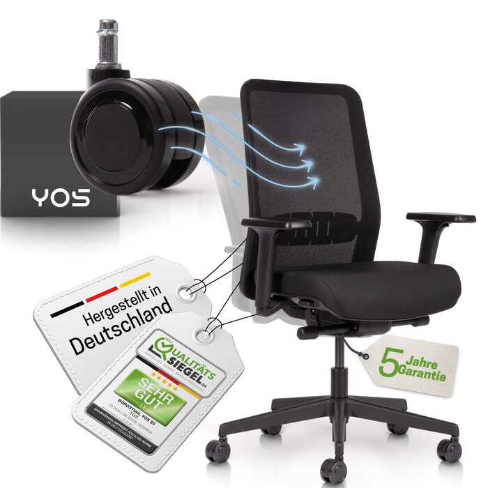 Офісний стілець YOS S5 з підтримкою спини та голови, до 150 кг, чорний. Зроблено в Німеччині