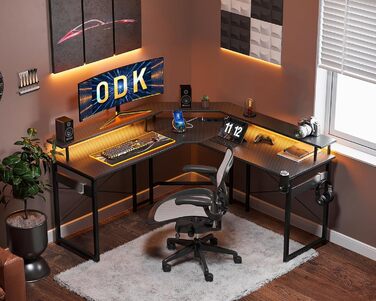 Ігровий стіл ODK 129x129 см з LED підсвічуванням, 2 розетки та USB зарядкою, стіл для ПК, комп'ютерний стіл, колір: чорний вуглеволокно