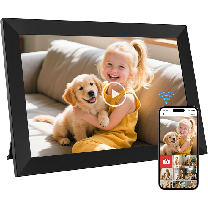 Цифровий фоторамка 10.1 дюйма з Wi-Fi, 64GB пам'яті, IPS LCD сенсорний екран 1280x800, автоповорот, аудіо, швидке завантаження фото та відео, чорний