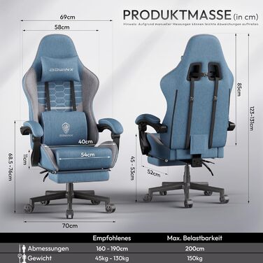 Ігровий крісло Dowinx з підголівником та підніжкою, тканинне, з масажем, чорно-зелений, для офісу та геймінгу