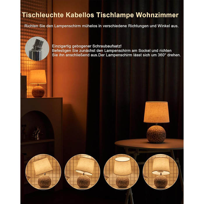 EGOBASIC LED-лампа настільна керамічна акумуляторна з пультом, бездротова, з таймером, регульована яскравість, 12 кольорів RGB, для вітальні, спальні, їдальні (вінтажний цоколь)