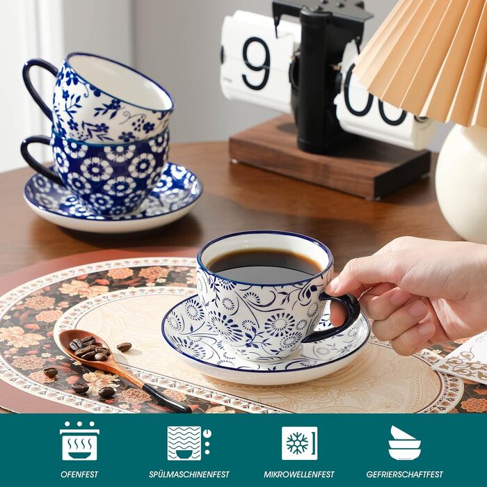 Набір кавових чашок Vancasso Selene, 6 шт., 360 мл, блакитно-білий вінтажний дизайн, для кави, молока, чаю та какао