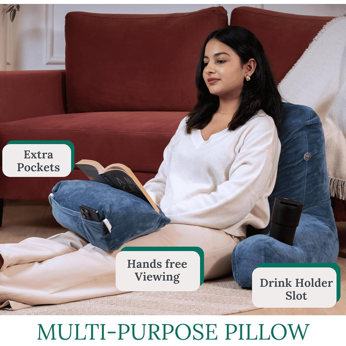 Storrejoy Велике крісло-лежак для читання з підголовником, кишенями та тримачем для книги/планшета (антрацит, блакитний)