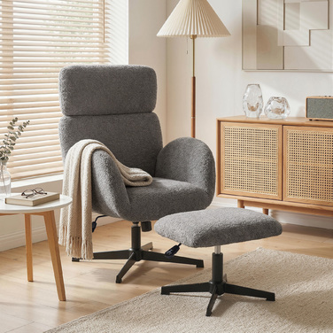 Обертовий крісло з пуфом, регульоване крісло-акцент з регульованою підголівкою, функція гойдання, сірий колір