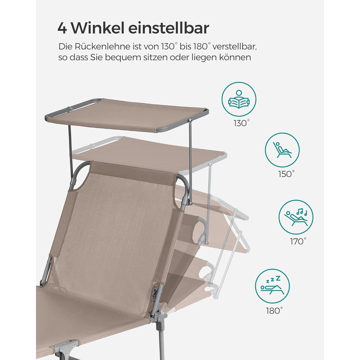 Лежак для відпочинку SONGMICS, розкладний, 193 x 53 x 29 см, до 150 кг, захист від сонця, подушка, регульована спинка, для саду, басейну, тераси (Taupe, без наматрацу)