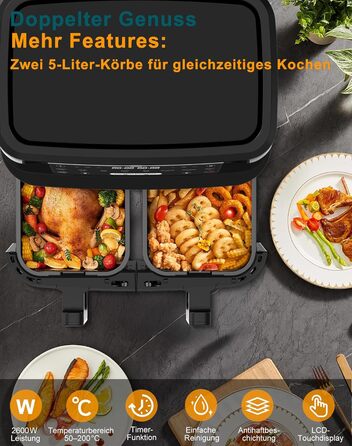 Подвійна фритюрниця без олії з 2 камерами, 10л, 8-в-1, сенсорний екран, таймер, XXL