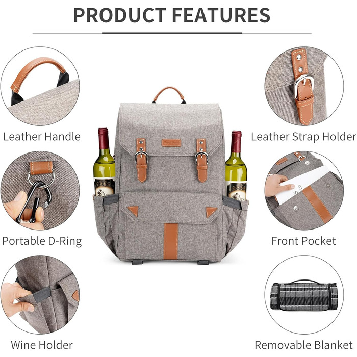 Набір для пікніка HappyPicnic з ізольованим рюкзаком, зручними тримачами для пляшок та великим водонепроникним килимком (M) з повним сервізом