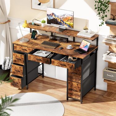 Комп'ютерний стіл з 8 висувними ящиками, 2 розетками, USB-портами, LED-підсвічуванням та підставкою для монітора, 120 x 50 x 74 см, Колір: Коричневий