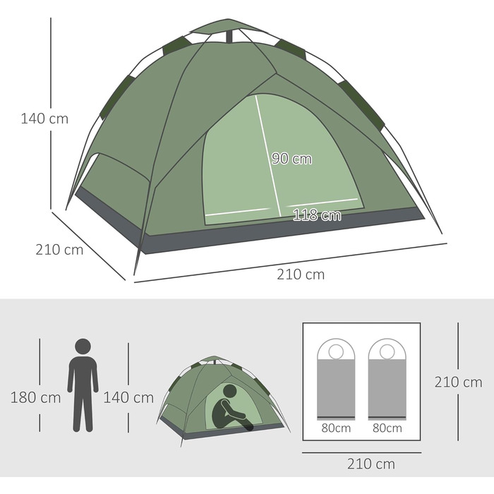Кемпінговий намет Відкритий намет Сімейний намет Швидкий намет 2 дорослих 1 дитина 4 сезони Водонепроникна сумка для перенесення 2 двері Поліестер скловолокно темно-зелений 210 x 210 x 140 см