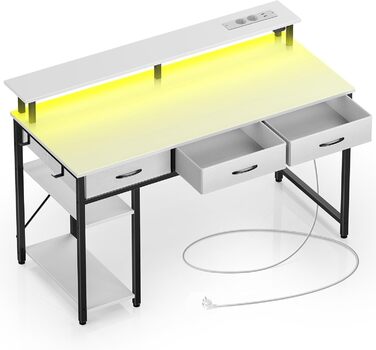 Комп'ютерний стіл Rolanstar з шухлядами, розетками та LED підсвіткою, геймінговий стіл з підставкою для монітора, полиця та 2 гачки, для офісу та вітальні (білий, 100x47x90,5 см)