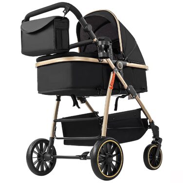 Дитяча коляска 3 в 1 PU-Leder, Комфортна багатофункціональна коляска-трансформер 3 в 1, Алюмінієва рама, Висока проходимість, Коляска для новонароджених, Складана коляска (L518 Khaki, V8 BlackGold, V8 Model)
