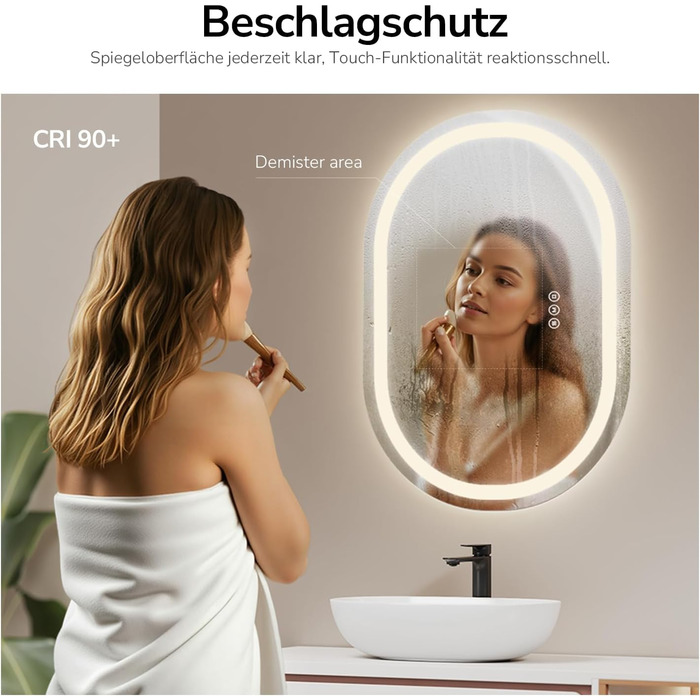 EMKE Дзеркало для ванної кімнати з підсвічуванням 50x90 см овальне з сенсорним вимикачем, 3 кольори світла, регулювання яскравості, антизапарник, функція пам'яті, автоматичне вимкнення через 3 години
