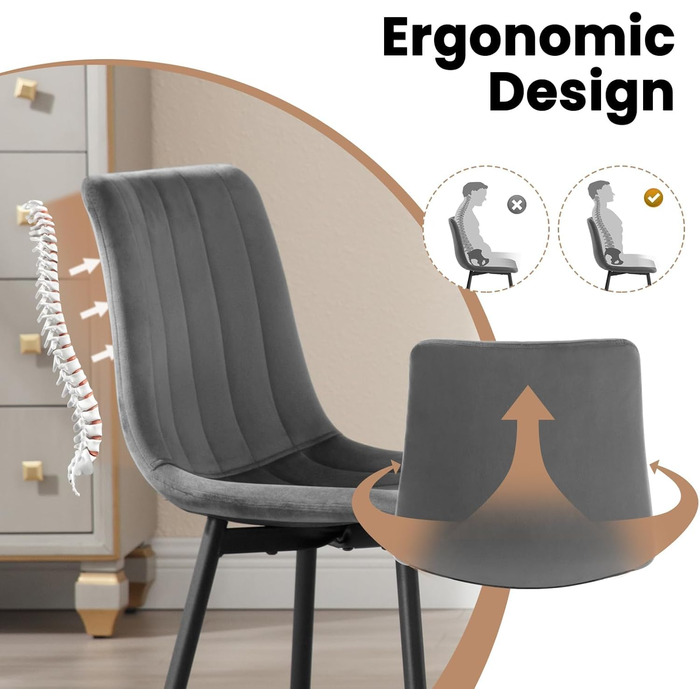 Обідні стільці для вітальні, кухні, спальні. М'який стілець з підлокітником, металеві ніжки, оксамитова сидіння (темно-сірий, набір 8 шт.)