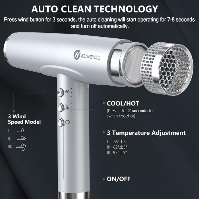 Іонний фен для волосся Slopehill з безщітковим двигуном 110 000 об/хв, біокерамічне покриття та магнітним дифузором, світло-сірий