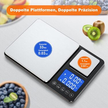 Кухонні ваги цифрові з двома платформами, 15 кг/1 г та 500 г/0.01 г, 7/6 одиниць вимірювання, функція підсумовування, автовимкнення, Tara, без USB, LCD дисплей, для кухні, ювелірних виробів, випічки, приготування їжі, з батарейками, чорний