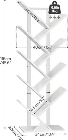 Книжкова шафа HOOBRO, деревоподібна стояча полиця, підлогова книжкова шафа з 9 ярусами, книжкова шафа для домашнього офісу, для зберігання книг, компакт-дисків, міцна та стійка, для вітальні, біла EWT08SJ01G1