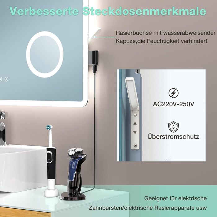 Дзеркало для ванної кімнати GIMBELEN LED з підсвічуванням 80x60 см, прямокутне, сенсорне керування, регульована яскравість, 3 кольори світла, антизапар, для вертикального/горизонтального монтажу