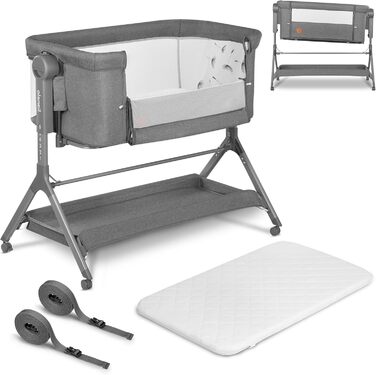 Дитяче ліжко Lionelo Leonie Plus 3 в 1 (ліжко, приліжкова колиска, гойдалка) сірого кольору, до 9 кг, з регулюванням висоти, повітряні стінки, знімною бічною панеллю, коліщатка з гальмом, великий кошик