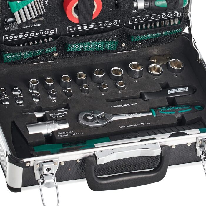Набір інструментів Brüder Mannesmann 90 предметів в алюмінієвому кейсі M29067: плоскогубці, викрутки, тріскачка, тестер напруги