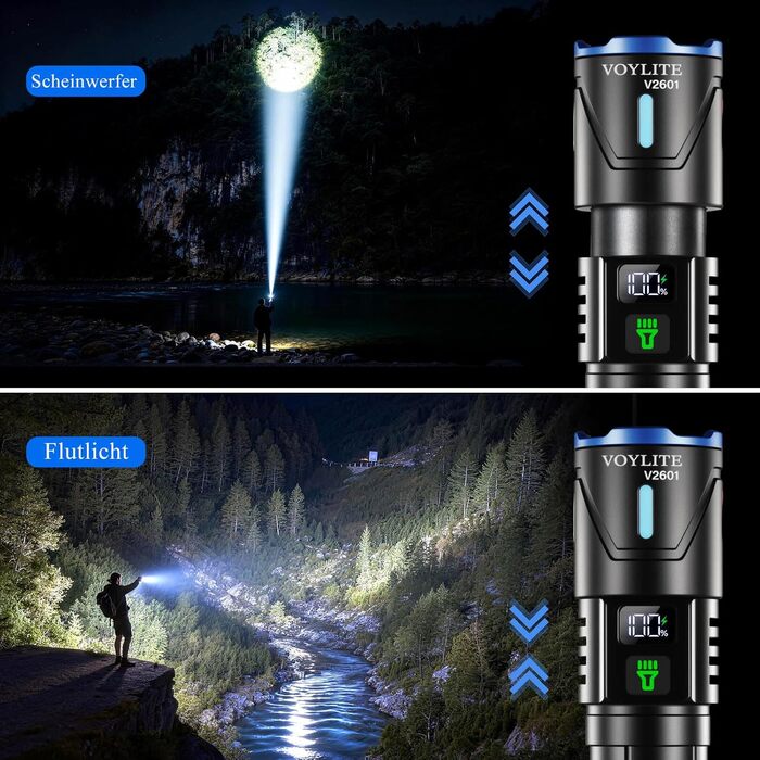 Набір тактичних LED ліхтарів (2 шт.) 1 000 000 Люмен, потужний зарядний ліхтар з зумом, 3 режими освітлення, водонепроникний IPX7 для кемпінгу та туризму, чорний з кольоровими акцентами