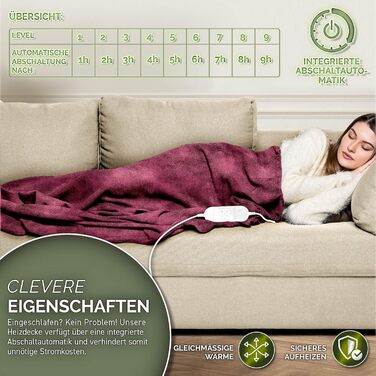 Електрична грілка з плюшу 200x180 см, сертифікат TÜV SÜD GS | З таймером, 9 температурних режимів, відключенням, цифровим дисплеєм, пральна до 40°C, бордовий колір
